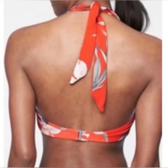 Athleta Orange Waimea Plunge Bikini Top Tie Neck Tropical Floral Print Large - Picture 2 of 6